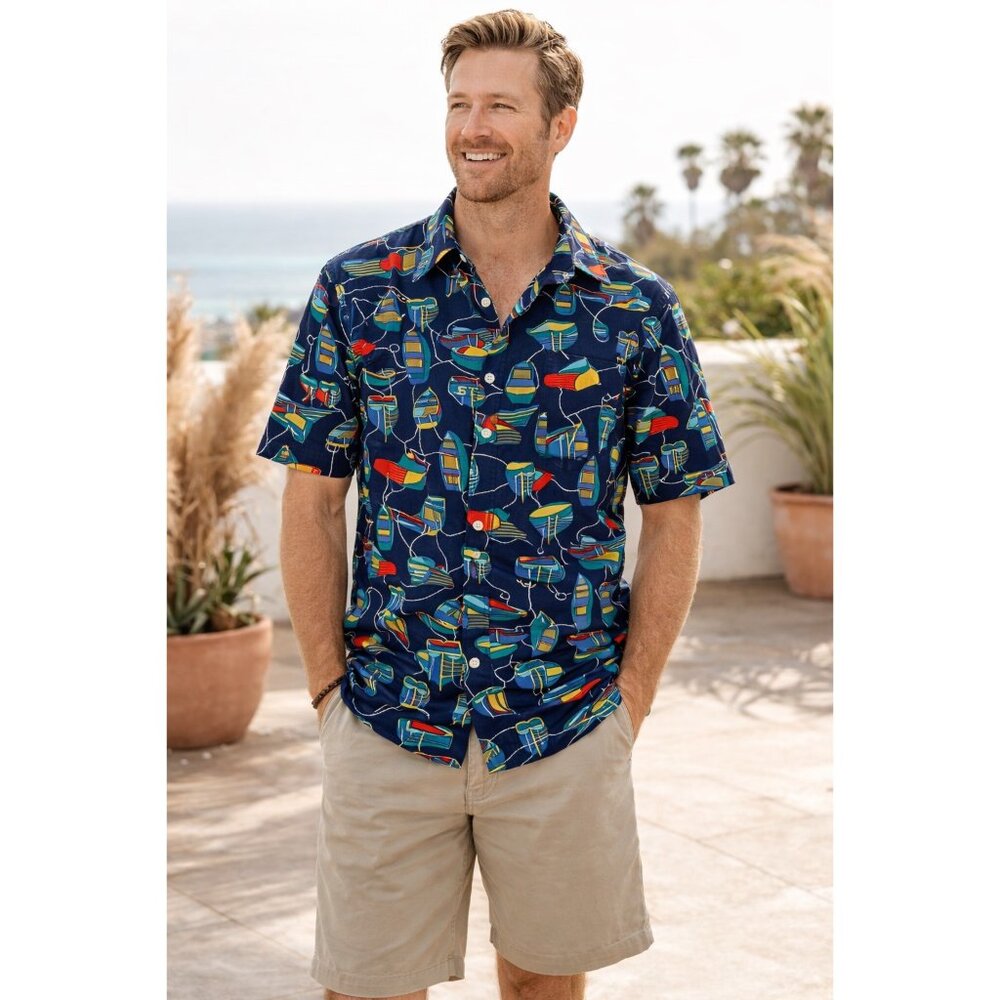 Estes Nautical Boat Print Shirt Men’s L 100% Cotton Retro Summer USA